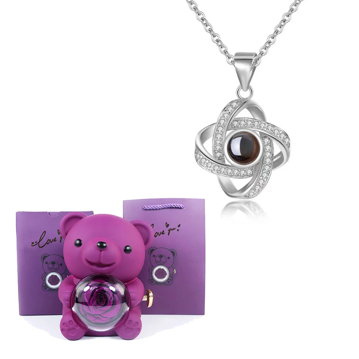 Luxury Bear Rose Gift with Picture Necklace