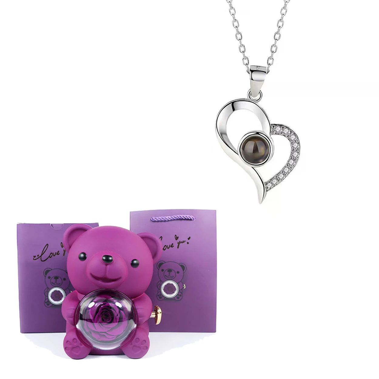 Luxury Bear Rose Gift with Picture Necklace