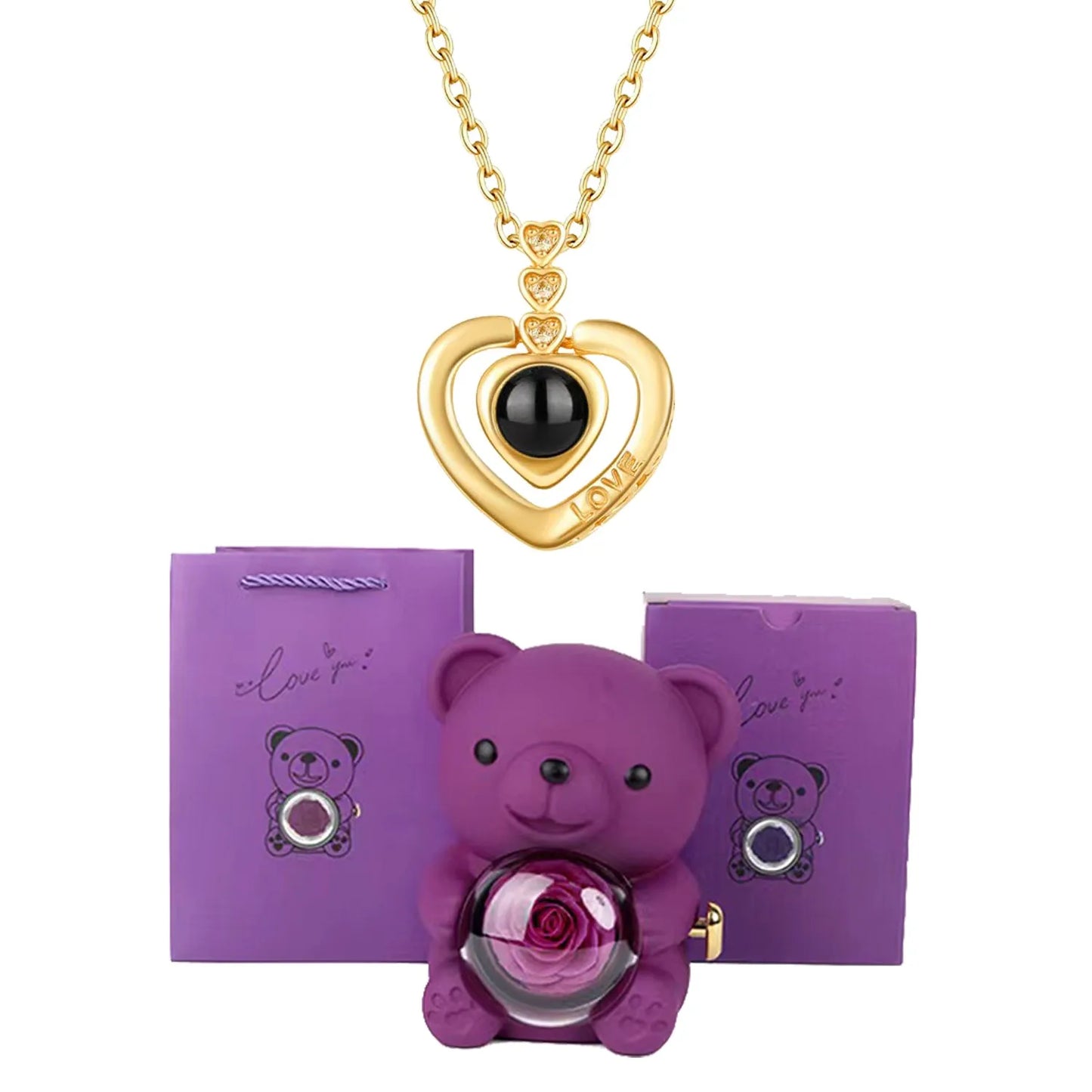 I Love You Necklace with Bear & Rose