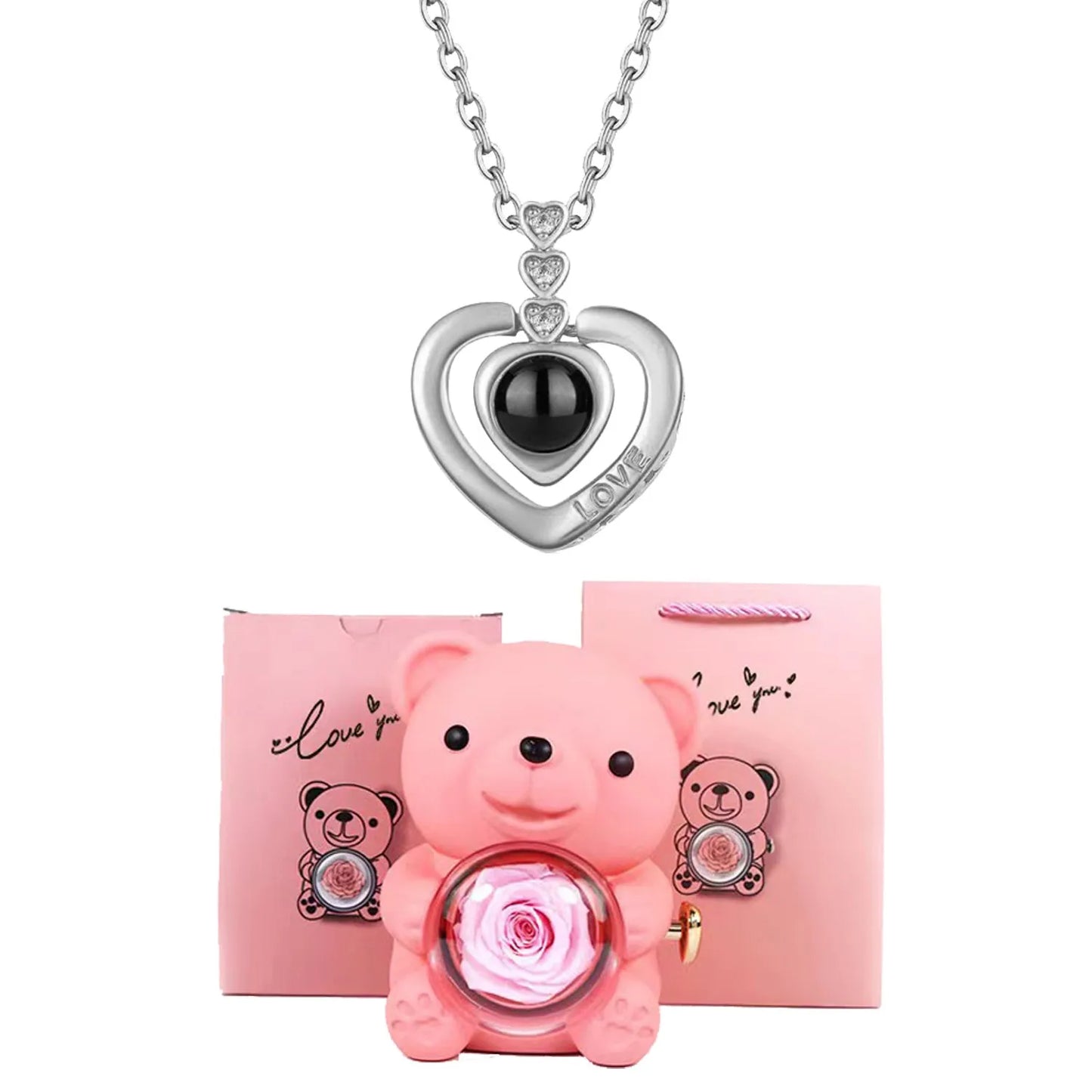 I Love You Necklace with Bear & Rose