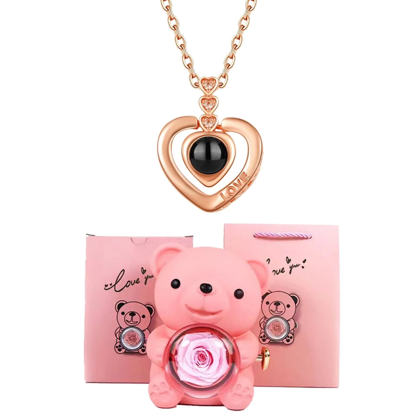 I Love You Necklace with Bear & Rose