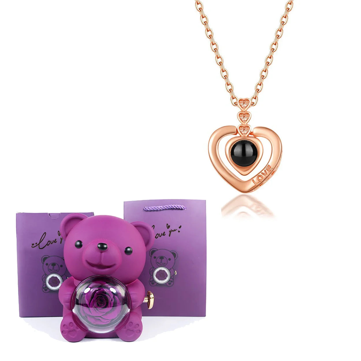 Luxury Bear Rose Gift with Picture Necklace