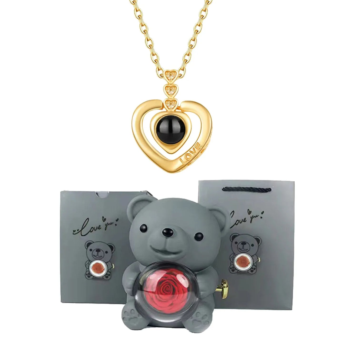 I Love You Necklace with Bear & Rose
