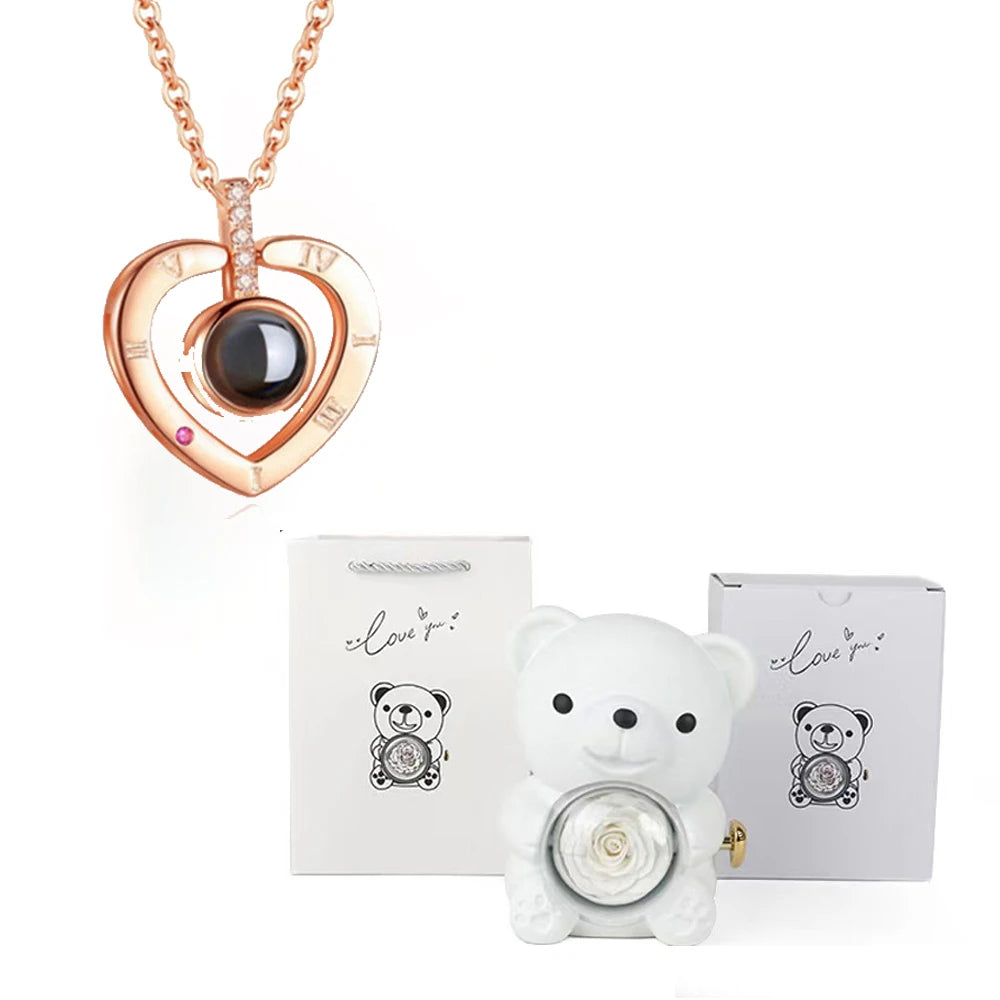 I Love You Necklace with Bear & Rose