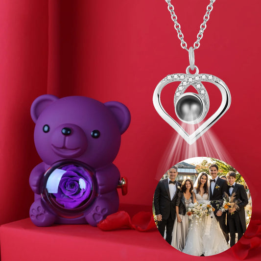Luxury Bear Rose Gift with Picture Necklace