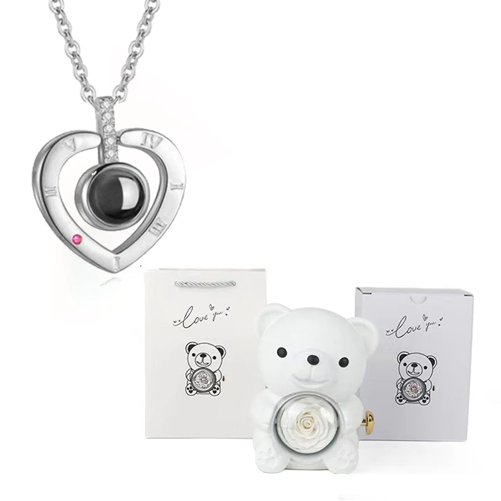 I Love You Necklace with Bear & Rose