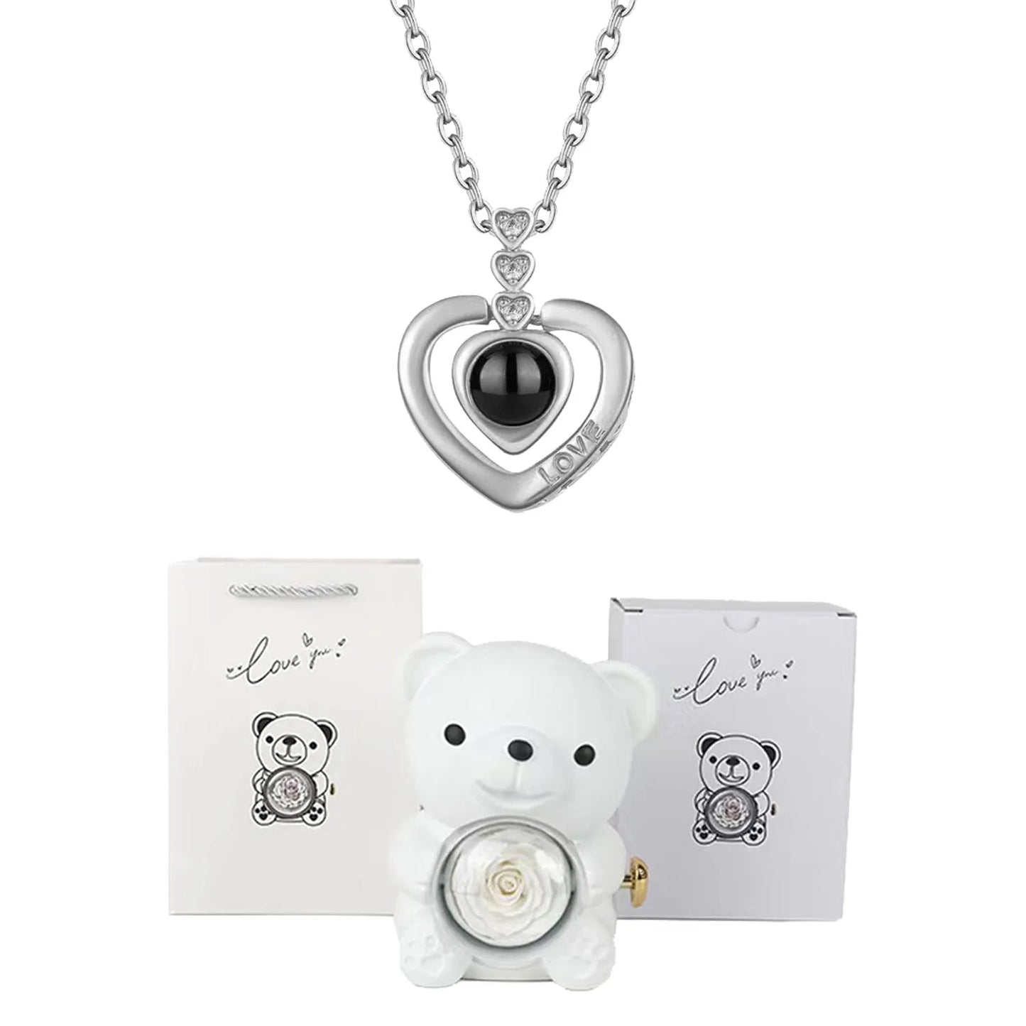 I Love You Necklace with Bear & Rose